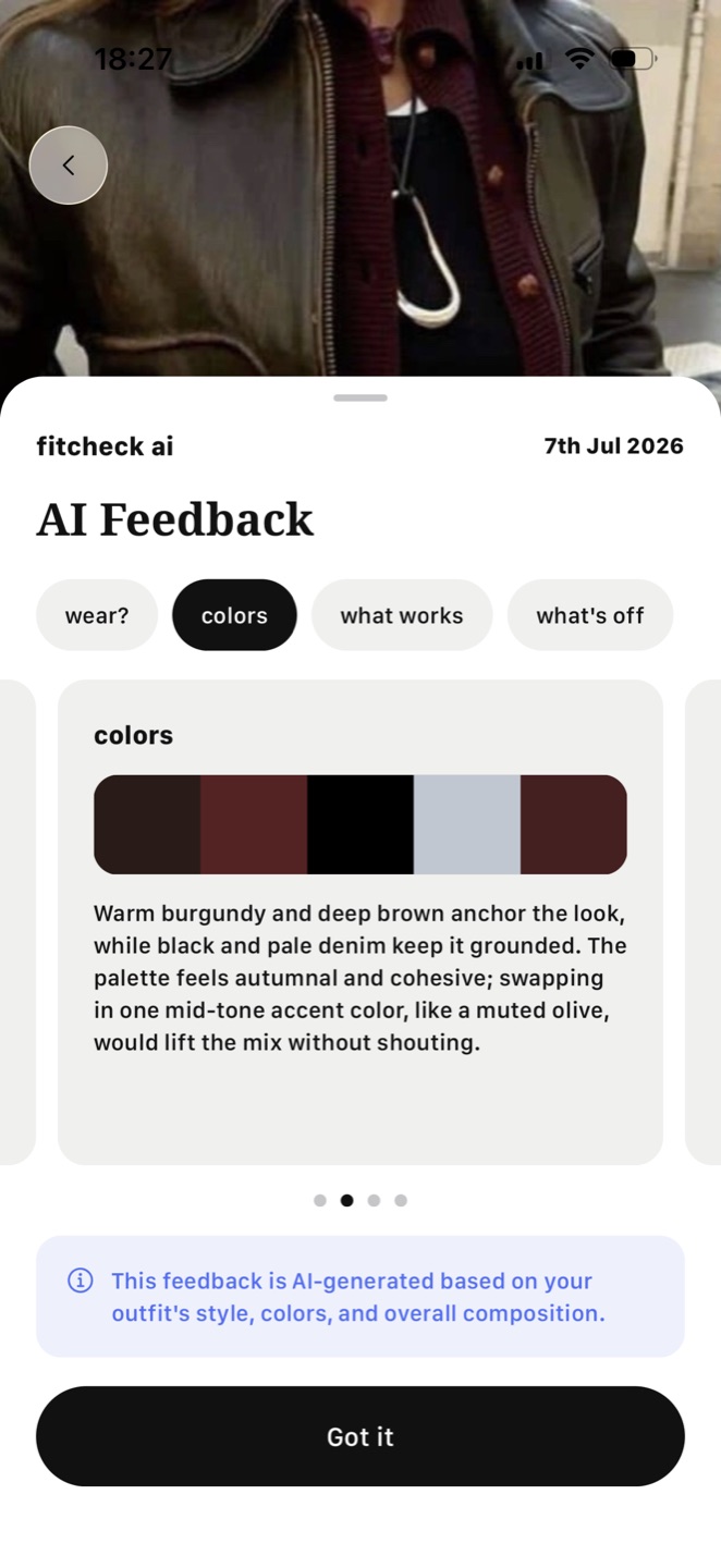 Fitcheck AI color analysis showing the outfit's palette