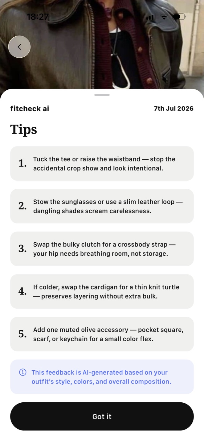 Fitcheck AI tips screen with five numbered styling suggestions